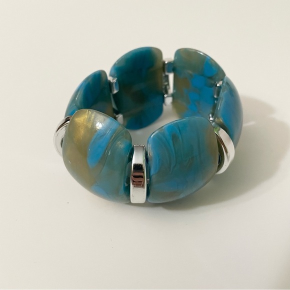 Vintage Blue Swirl Silver Tone Wide Lucite Stretch Bracelet - Picture 1 of 16